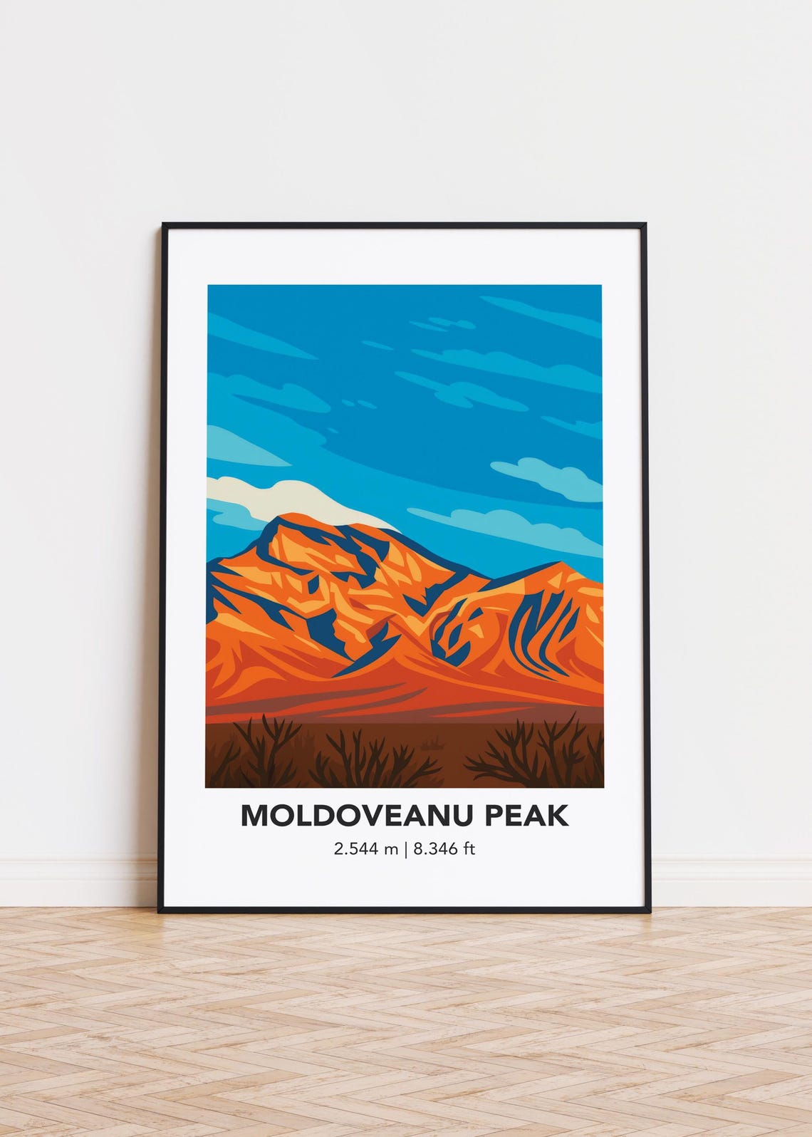Moldoveanu Peak Red Rocky Ridges Minimalist Mountain Travel Poster