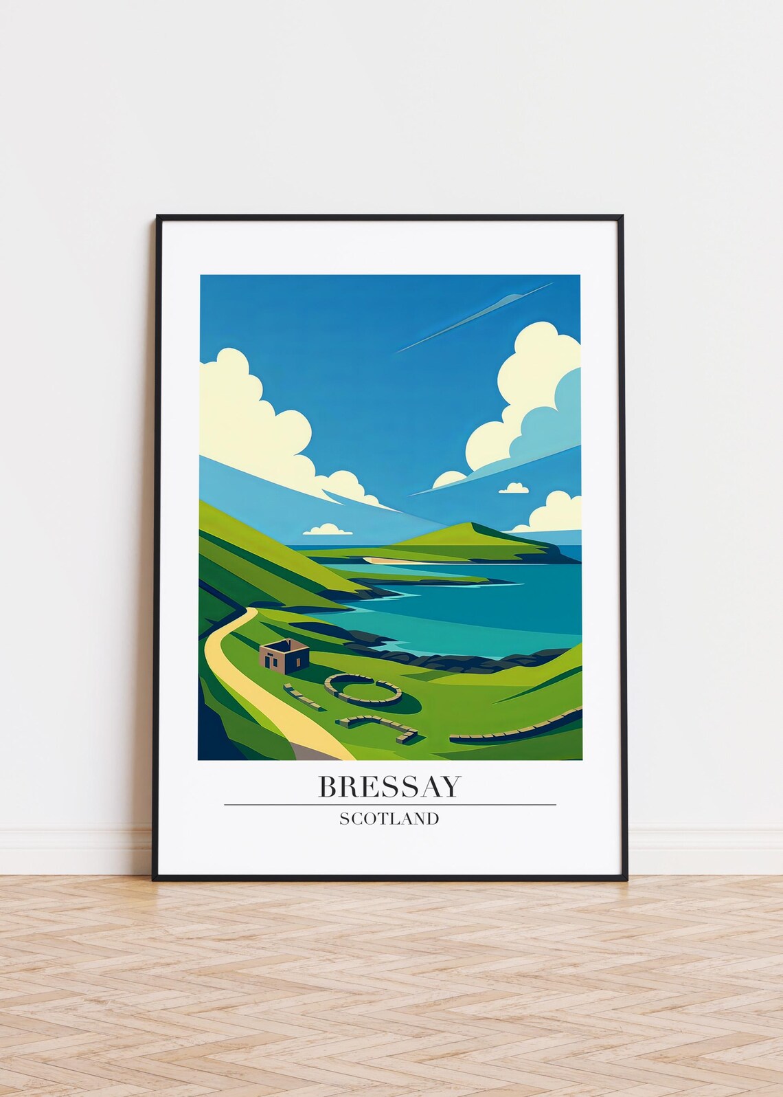 Bressay Scotland Green Coast Bay Modern Travel Illustration Poster