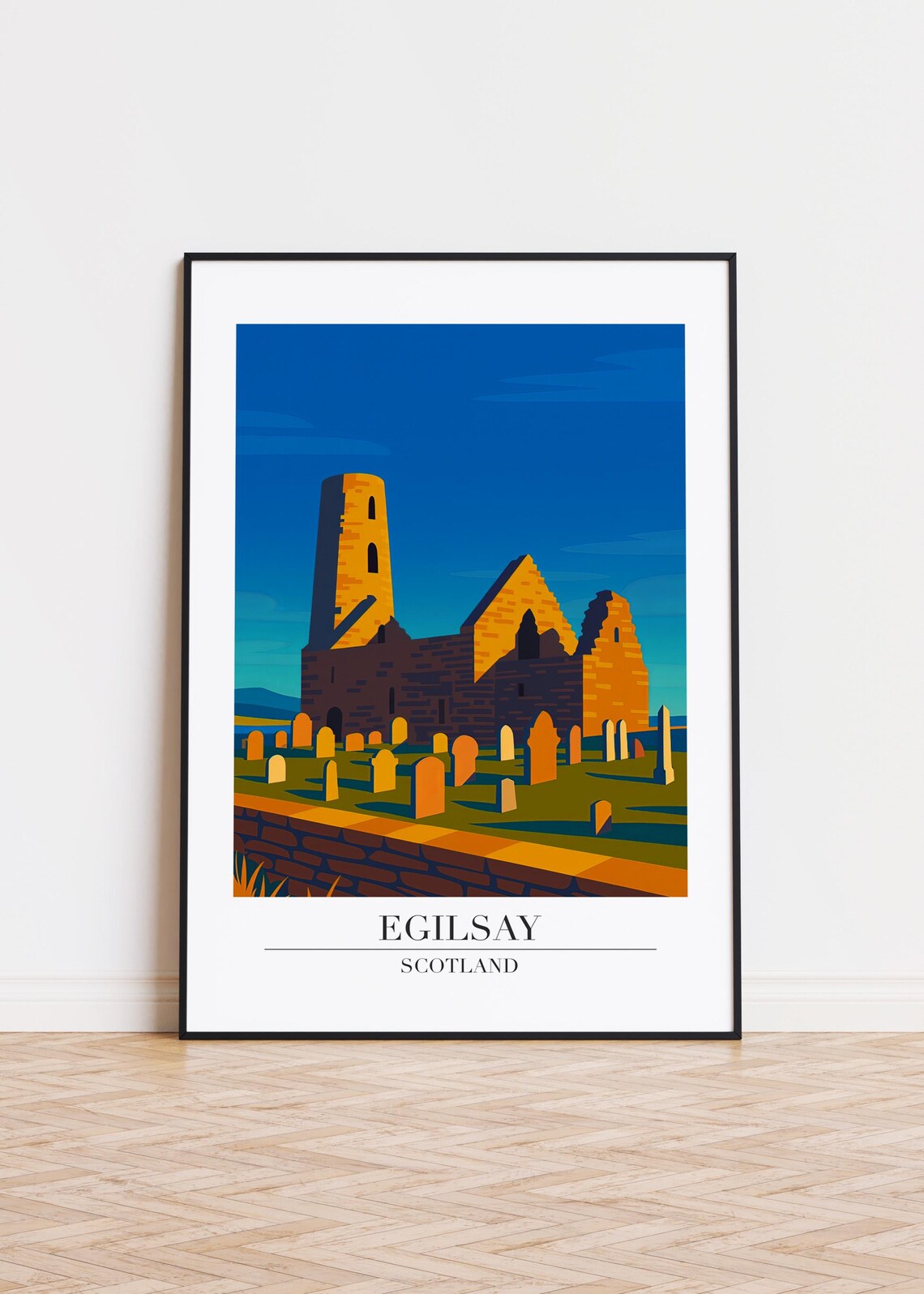 Egilsay Scotland Stone Church Ruins Modern Travel Illustration Poster
