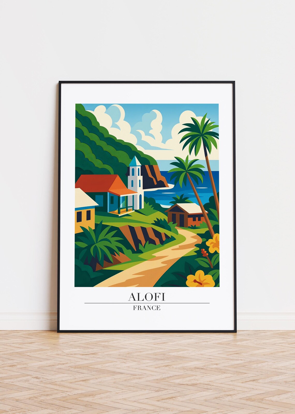 Alofi France Tropical Village Church Coast Travel Art Poster
