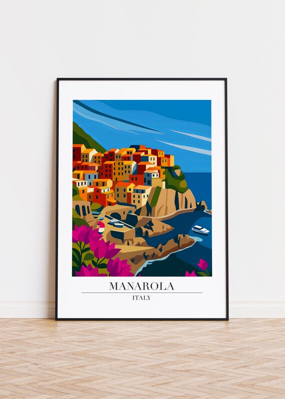 Manarola Italy Coastal Cliffs Pink Flowers Harbor Travel Poster Art