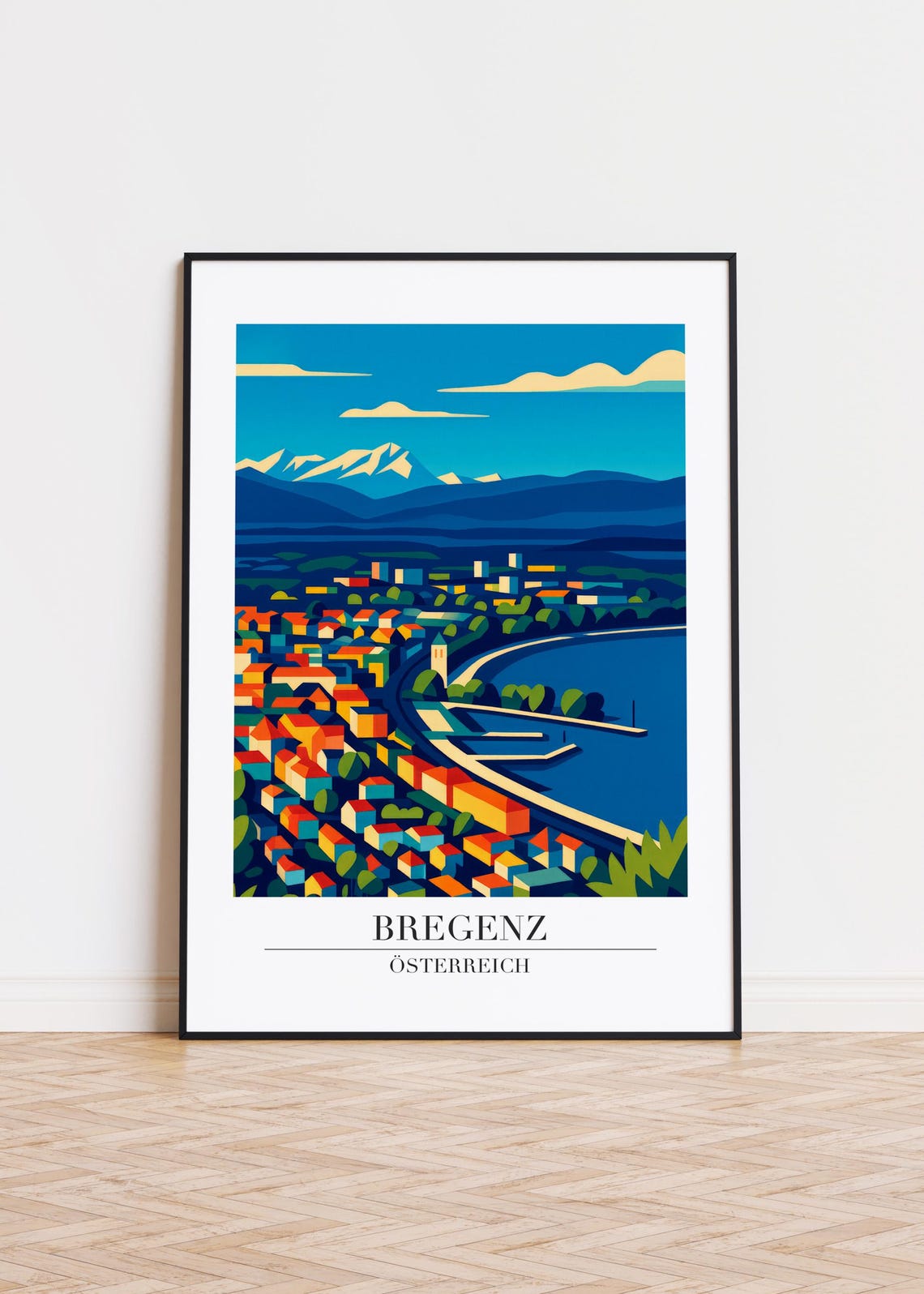 Bregenz Austria Lakeside Old Town Snowcapped Alps Modern Art Poster