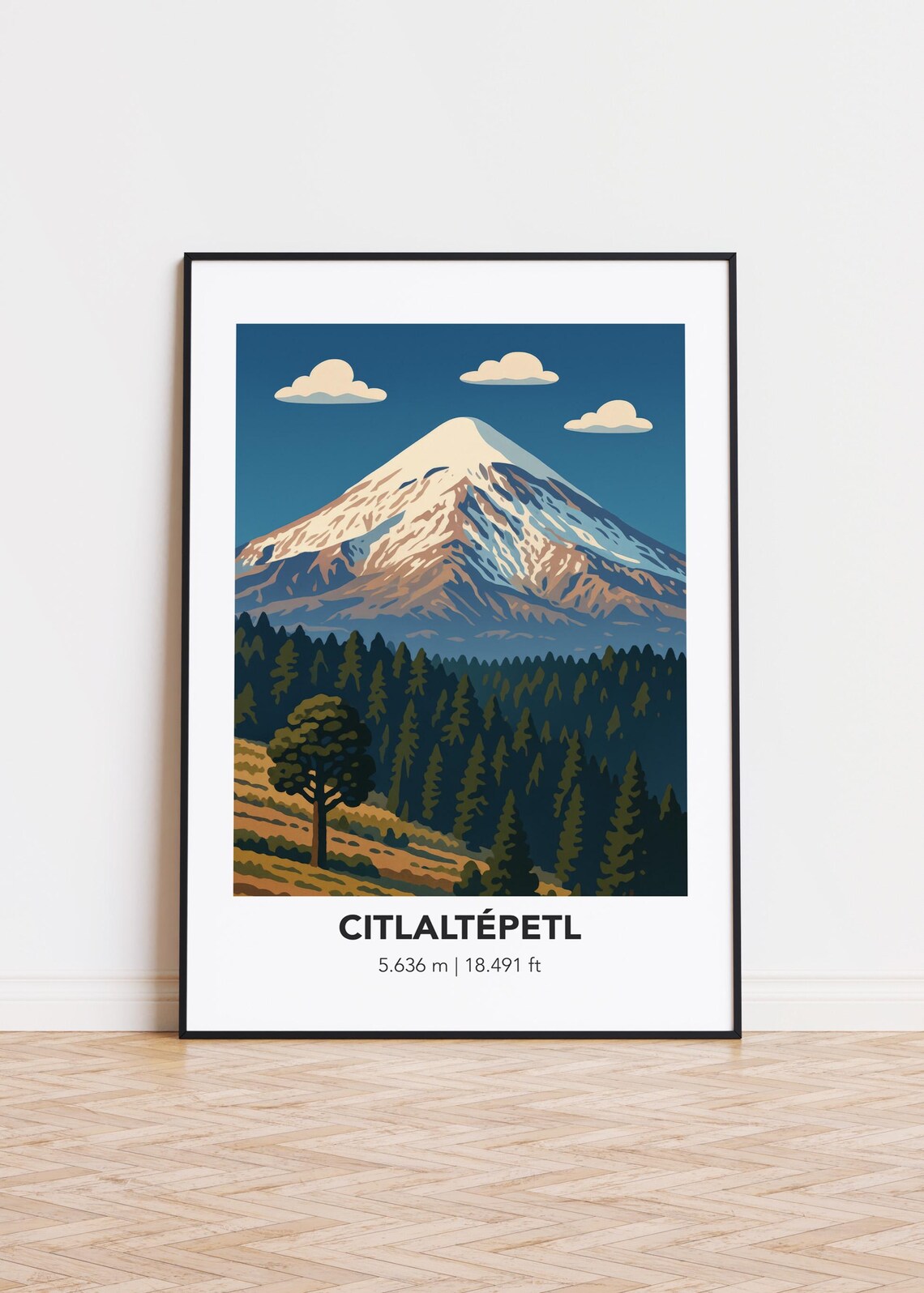 Citlaltepetl Volcano Snowy Summit Pine Forest Illustrated Travel Poster