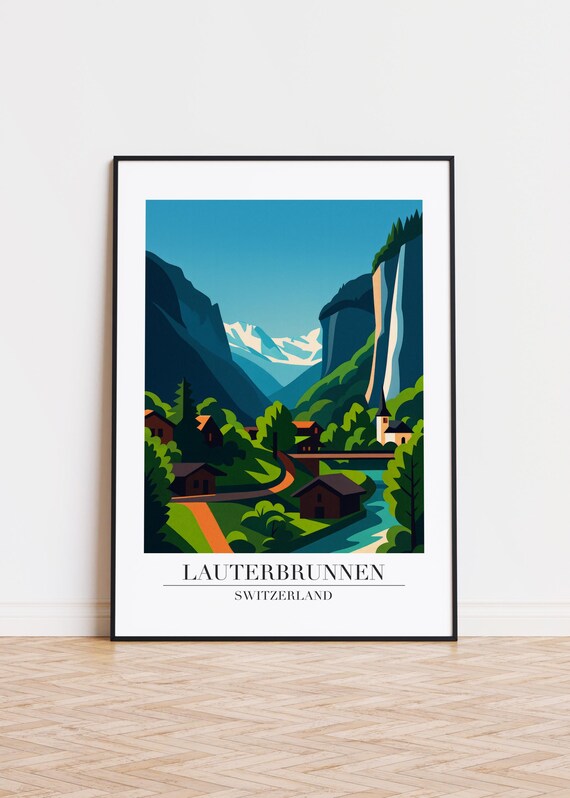 Lauterbrunnen Switzerland Mountain Village Retro Travel Poster