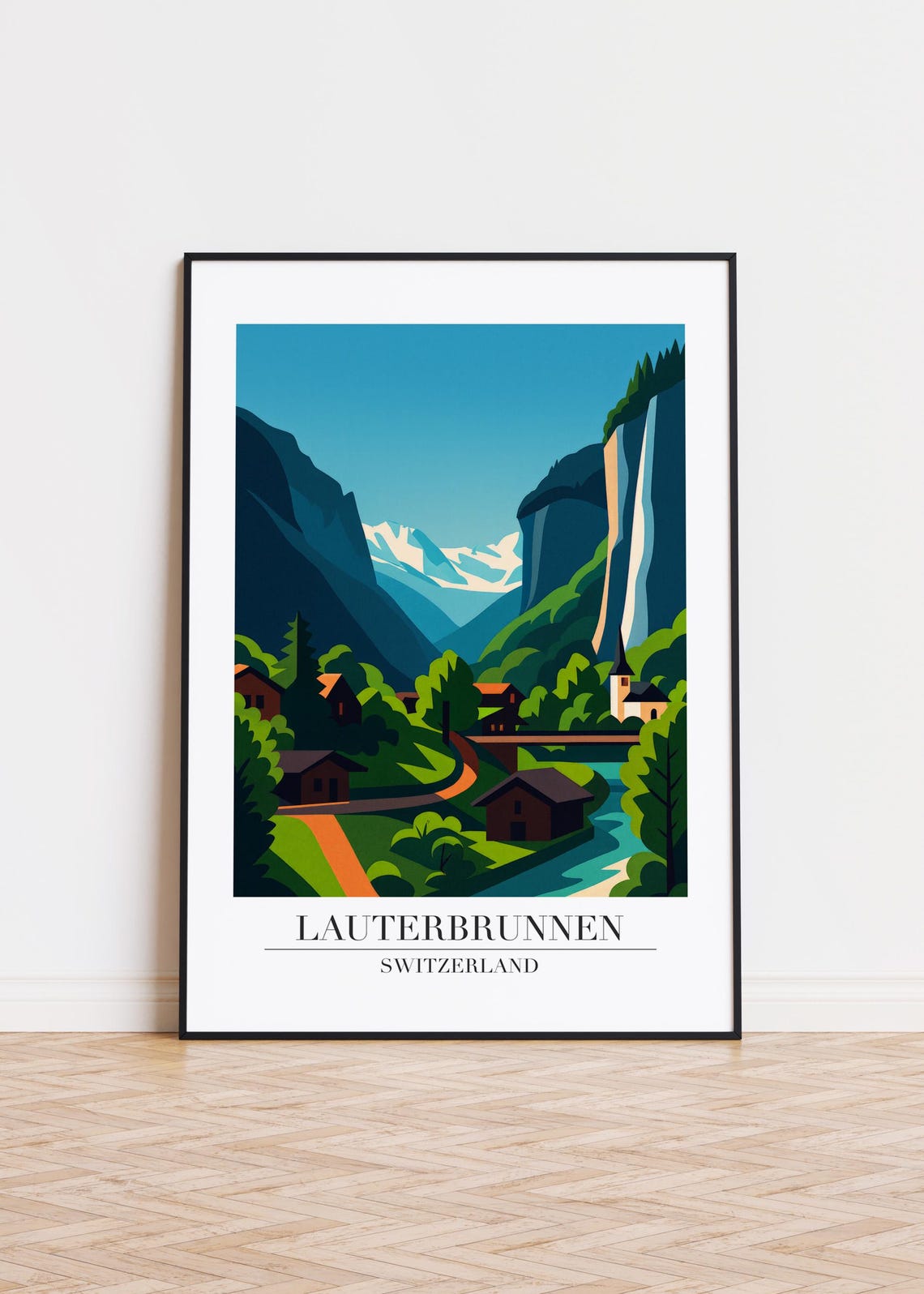 Lauterbrunnen Switzerland Mountain Village Retro Travel Poster