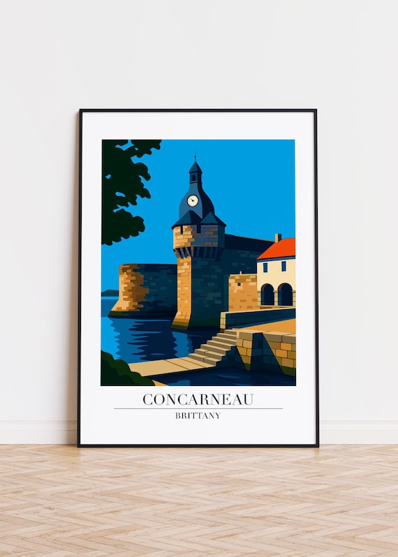 Concarneau Brittany Walled Harbor Clock Tower Retro Travel Poster