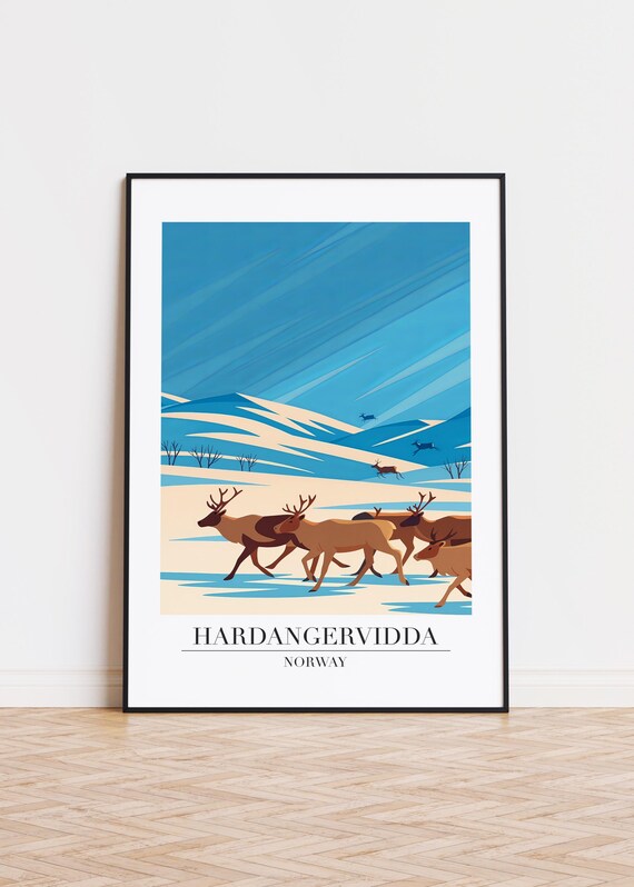 Hardangervidda Norway Reindeer Herd Snowy Plateau Illustration Poster