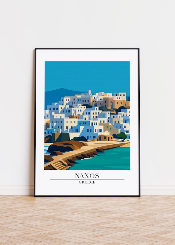 Naxos Greece Whitewashed Hill Town Harbor Modern Travel Poster