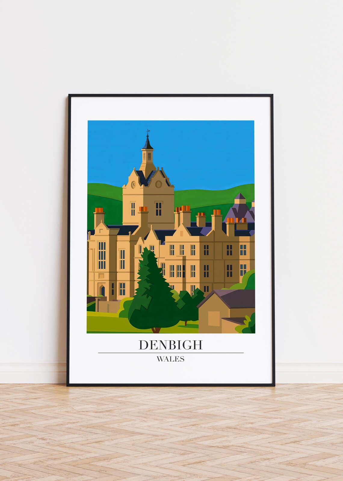 Denbigh Wales Travel Poster Historic Castle Town Illustration Art