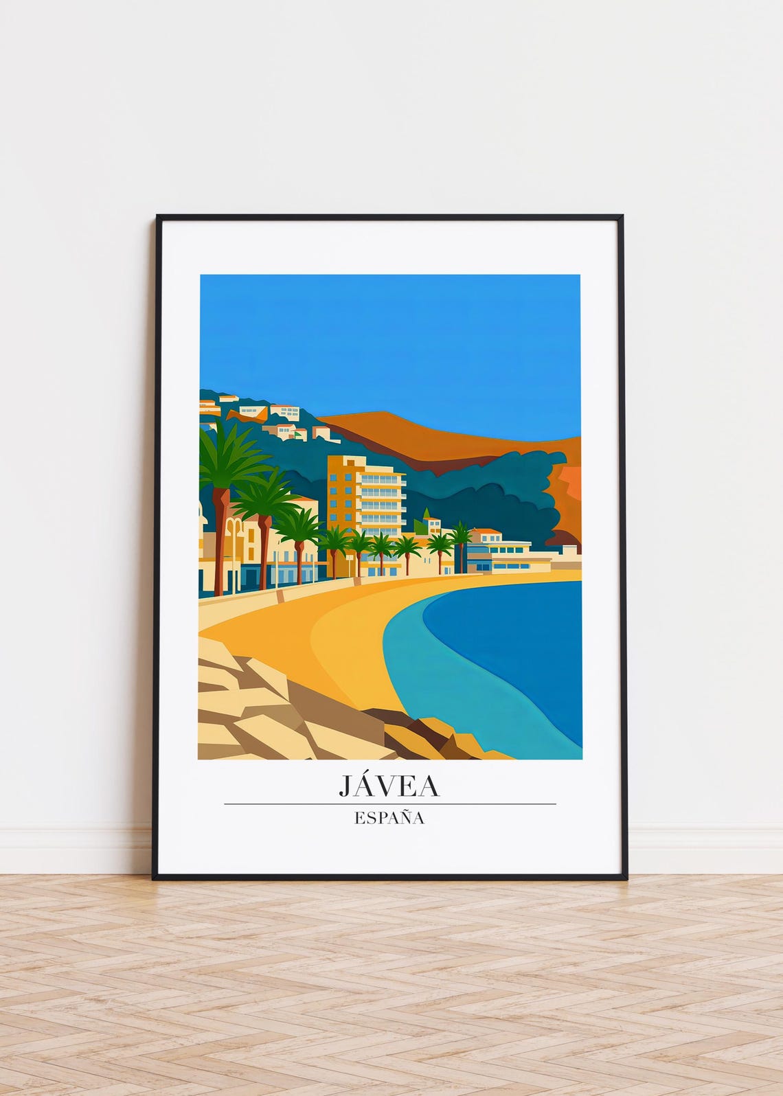 Javea Spain Crescent Beach Bay Palm Trees Modern Travel Poster