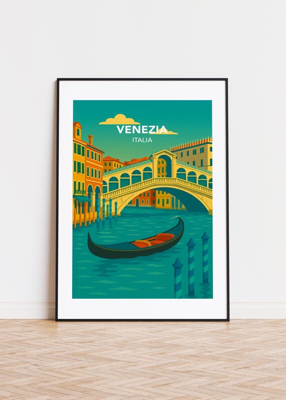 Venice Venezia Italia Rialto Bridge Gondola Canal Retro Travel Poster