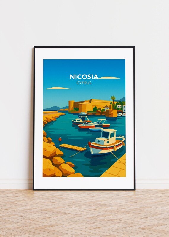 Nicosia Cyprus Harbor Fortress Boats Sunny Illustration Poster