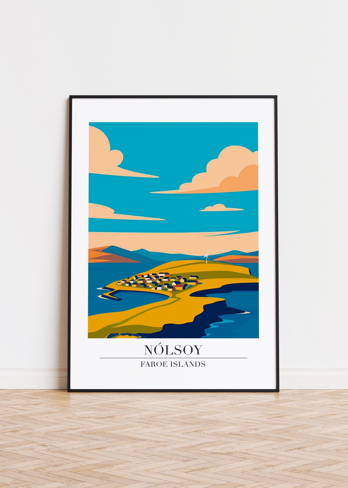 Nolsoy Island Village Faroe Islands Modern Colorful Travel Poster