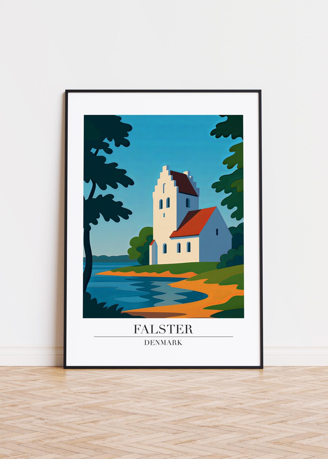 Falster Denmark White Church by Water Retro Travel Poster Artwork