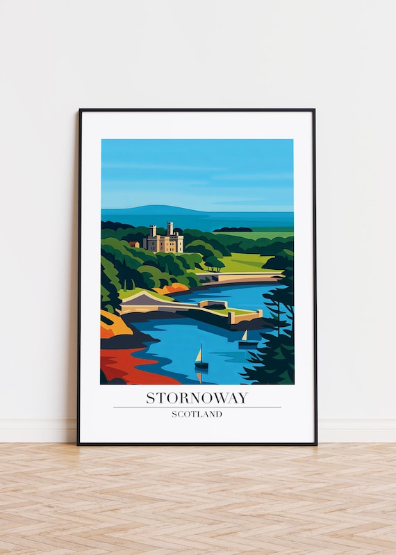 Stornoway Scotland Castle Coast Sailboats Travel Illustration Poster