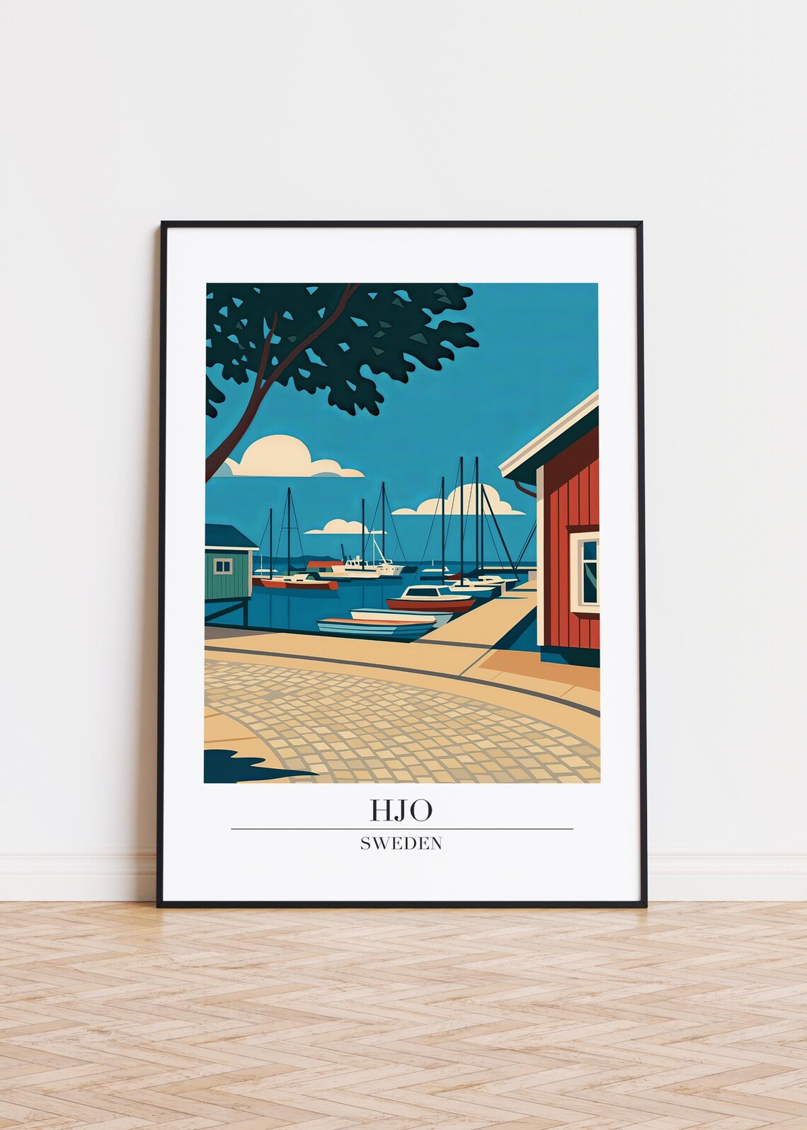 Hjo Sweden Harbor Sailboats Summer Day Retro Travel Art Poster