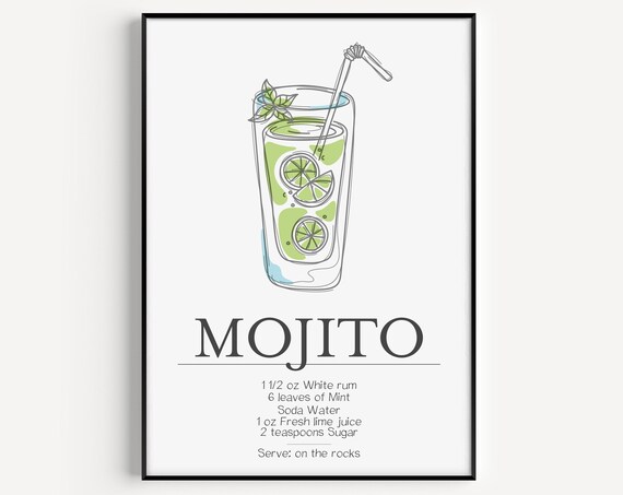 Classic Mojito Cocktail Recipe Lime Mint Kitchen Bar Wall Art