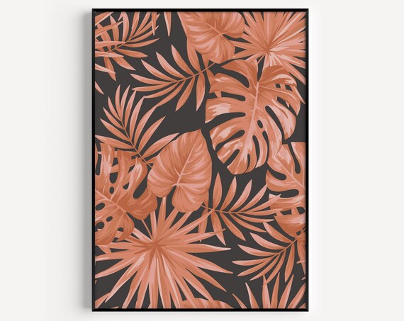 Terracotta Monstera Palm Leaves On Dark Modern Background Poster