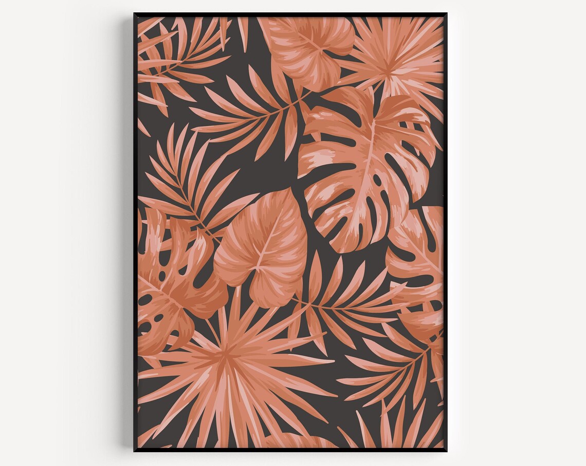 Terracotta Monstera Palm Leaves On Dark Modern Background Poster