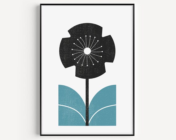 Scandinavian Black Poppy Teal Leaves Minimalist Botanical Wall Poster