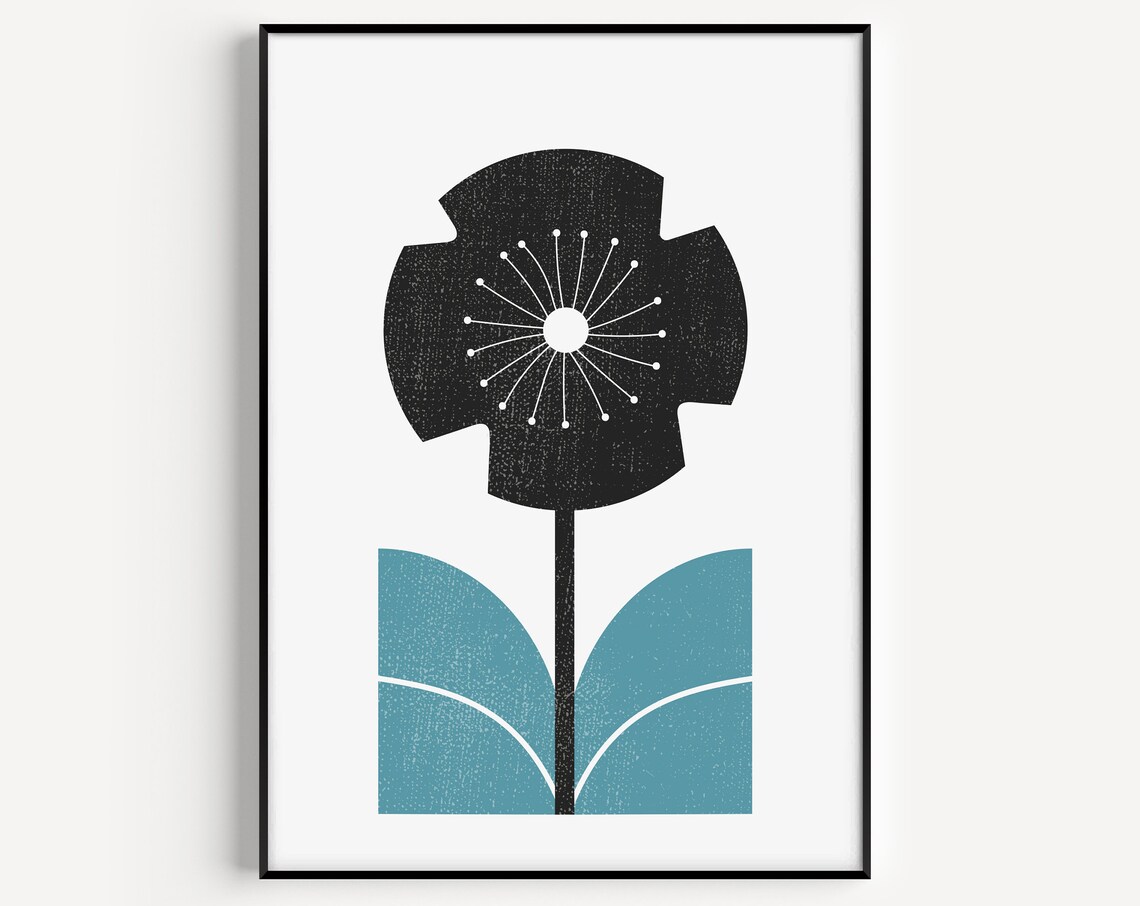 Scandinavian Black Poppy Teal Leaves Minimalist Botanical Wall Poster