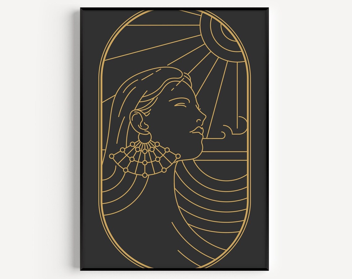 Art Deco Golden Line Woman Profile Sunrise Elegant Black Wall Art