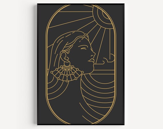 Art Deco Golden Line Woman Profile Sunrise Elegant Black Wall Art