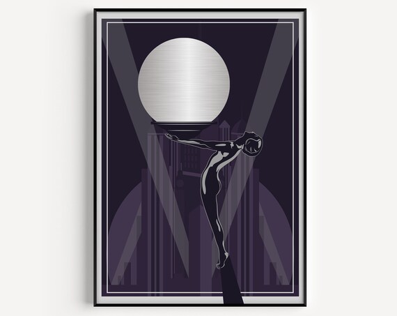 Art Deco Woman Reaching Silver Moon Purple Night City Skyline Poster