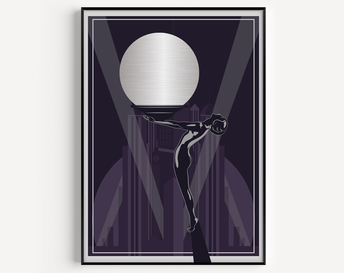 Art Deco Woman Reaching Silver Moon Purple Night City Skyline Poster