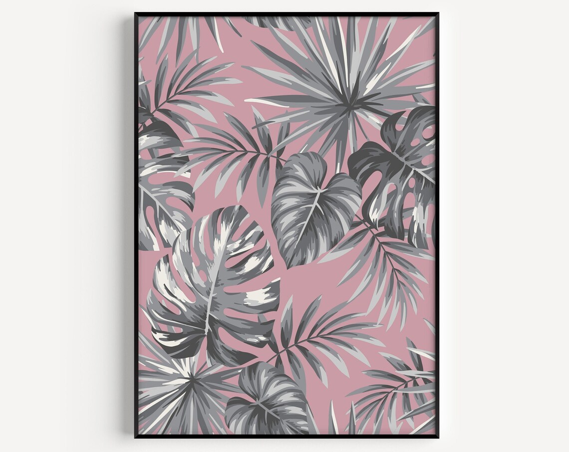 Silver Monstera Palm Leaves Pink Background Tropical Art Print