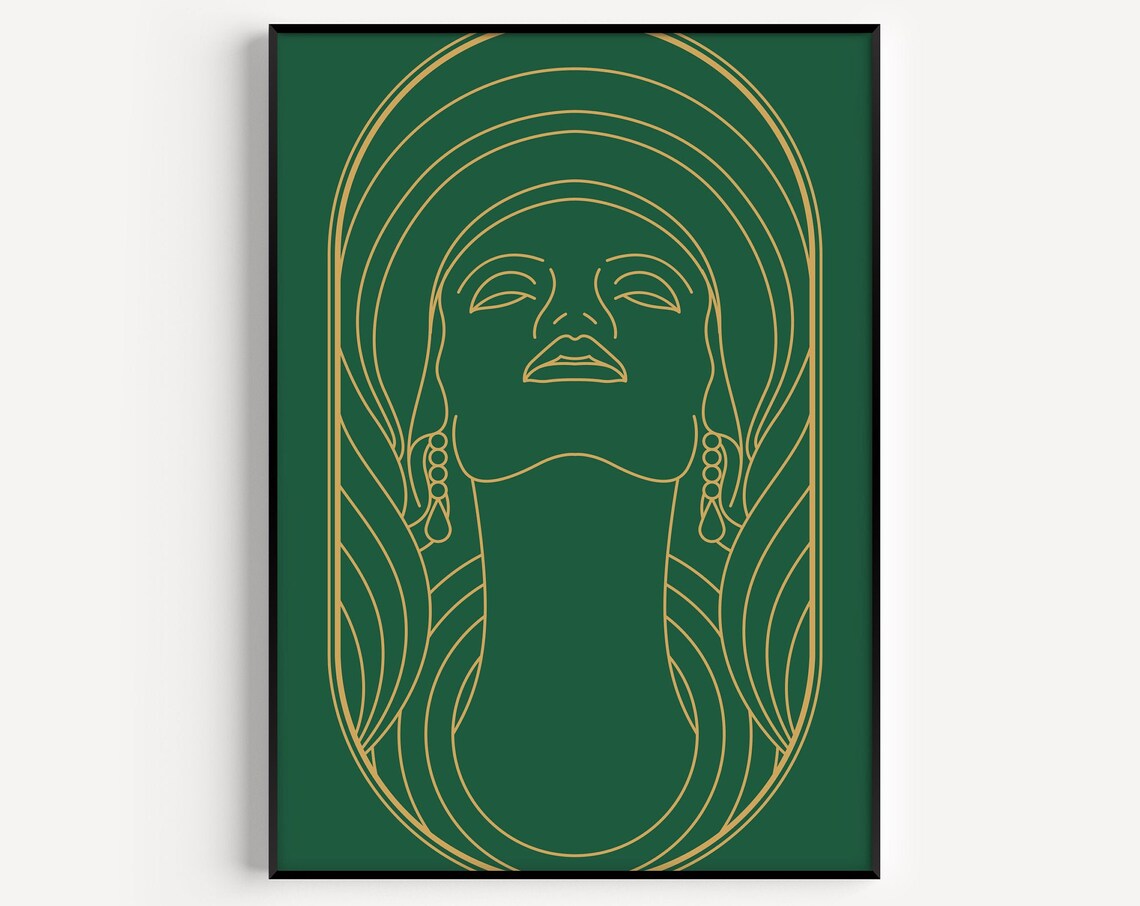 Art Deco Gold Line Woman Portrait Emerald Green Glamour Poster