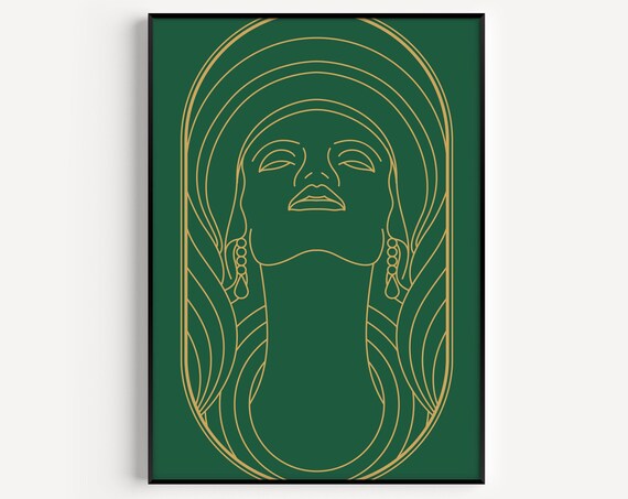 Art Deco Gold Line Woman Portrait Emerald Green Glamour Poster