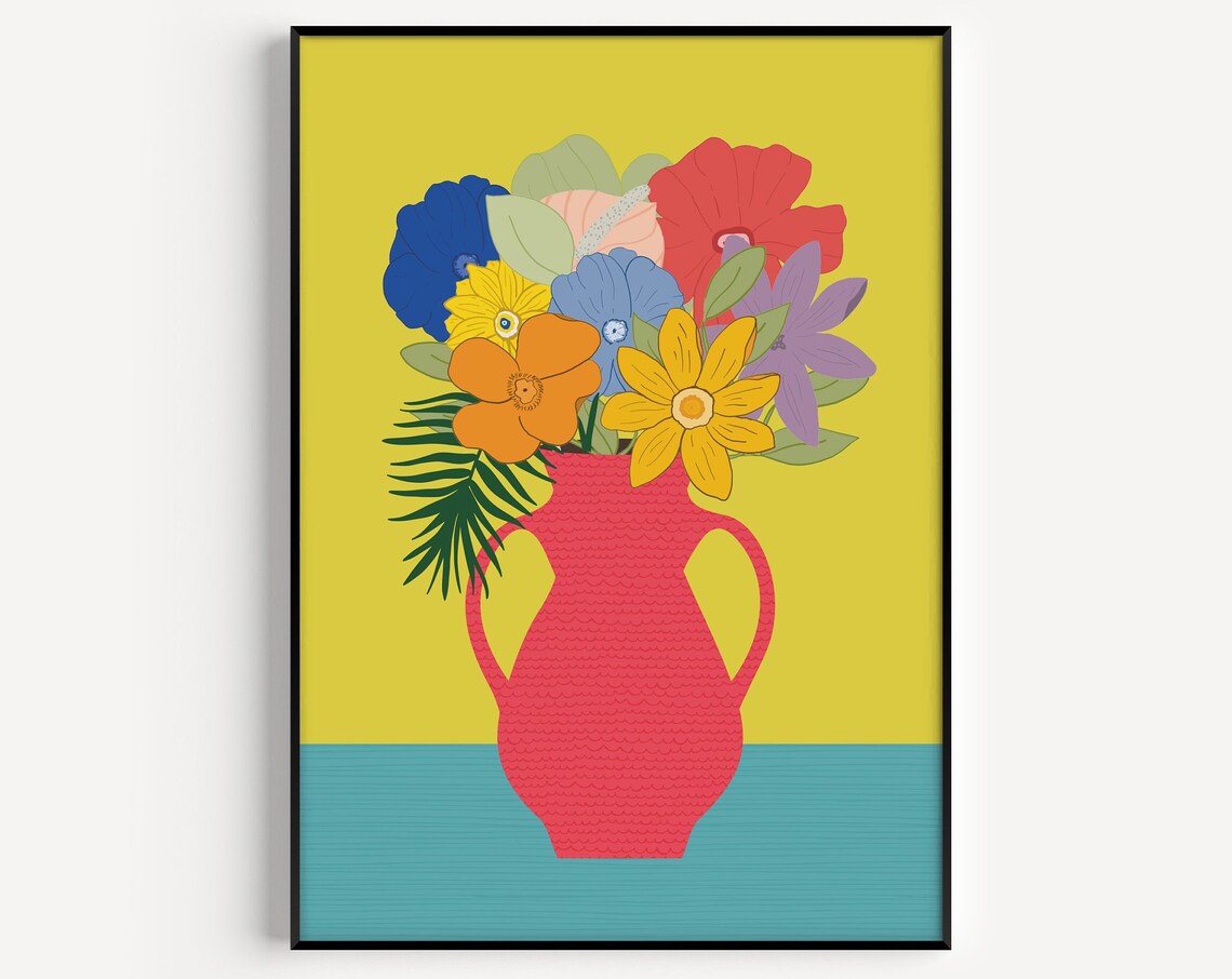 Colorful Flower Bouquet Red Vase Yellow Teal Bold Floral Art Poster