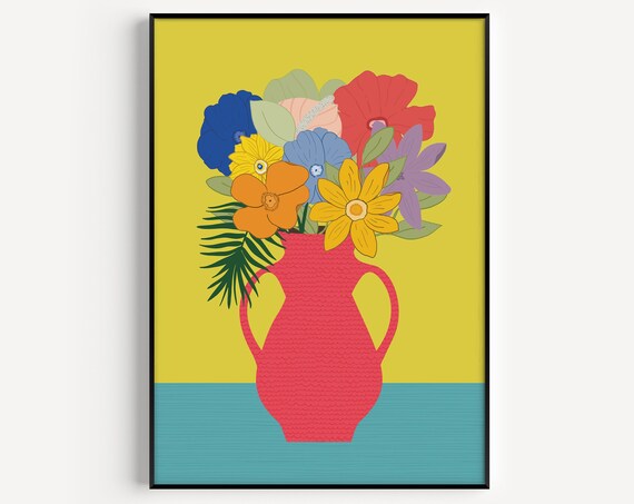 Colorful Flower Bouquet Red Vase Yellow Teal Bold Floral Art Poster