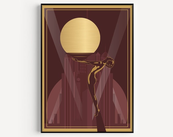 Art Deco Print Wall Woman Red Gold Prints Poster