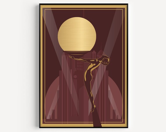 Art Deco Woman Gold Sun Red Elegant Silhouette Vintage Glamour Poster