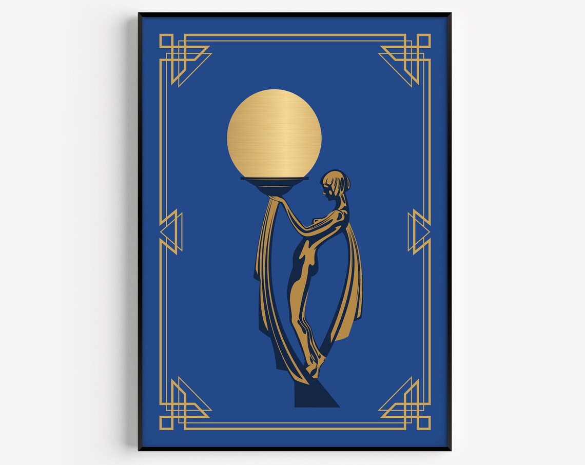 Art Deco Woman Golden Orb Blue Gold Elegant Vintage Wall Art