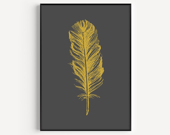 Gold Feather on Charcoal Minimalist Botanical Line Art Poster