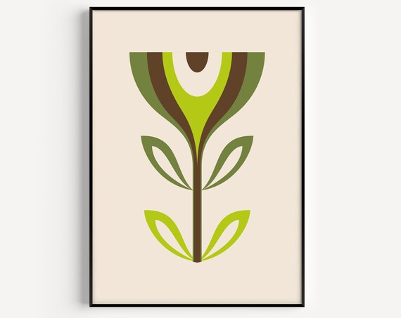 Mid Century Modern Flower Print Wall Art Green Physical Nordic Minimalist