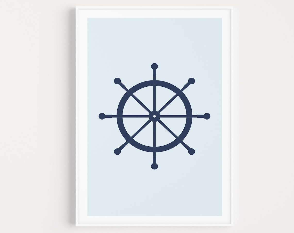 Navy Ship Wheel Minimalist Nautical Bathroom Coastal Wall Art