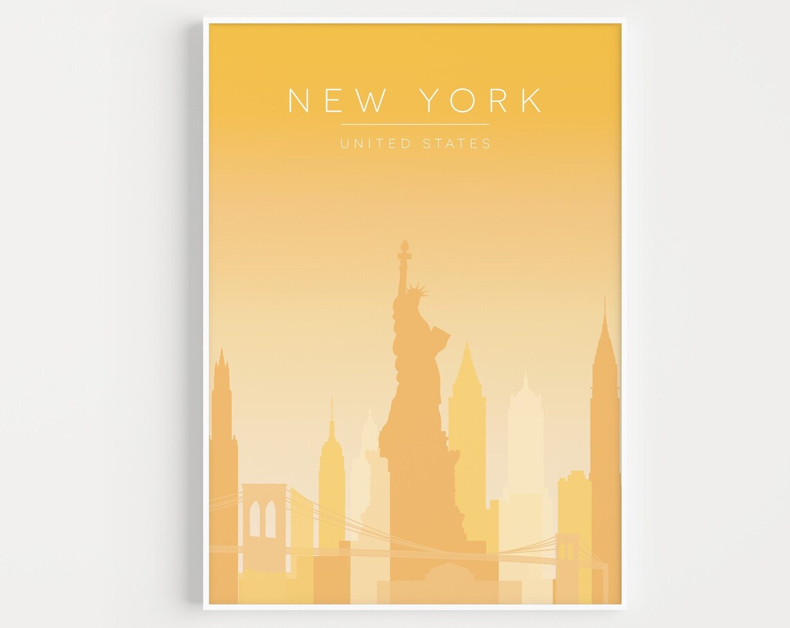 New York United States Yellow Skyline Statue of Liberty Travel Poster