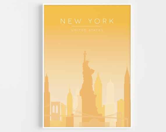 New York United States Yellow Skyline Statue of Liberty Travel Poster