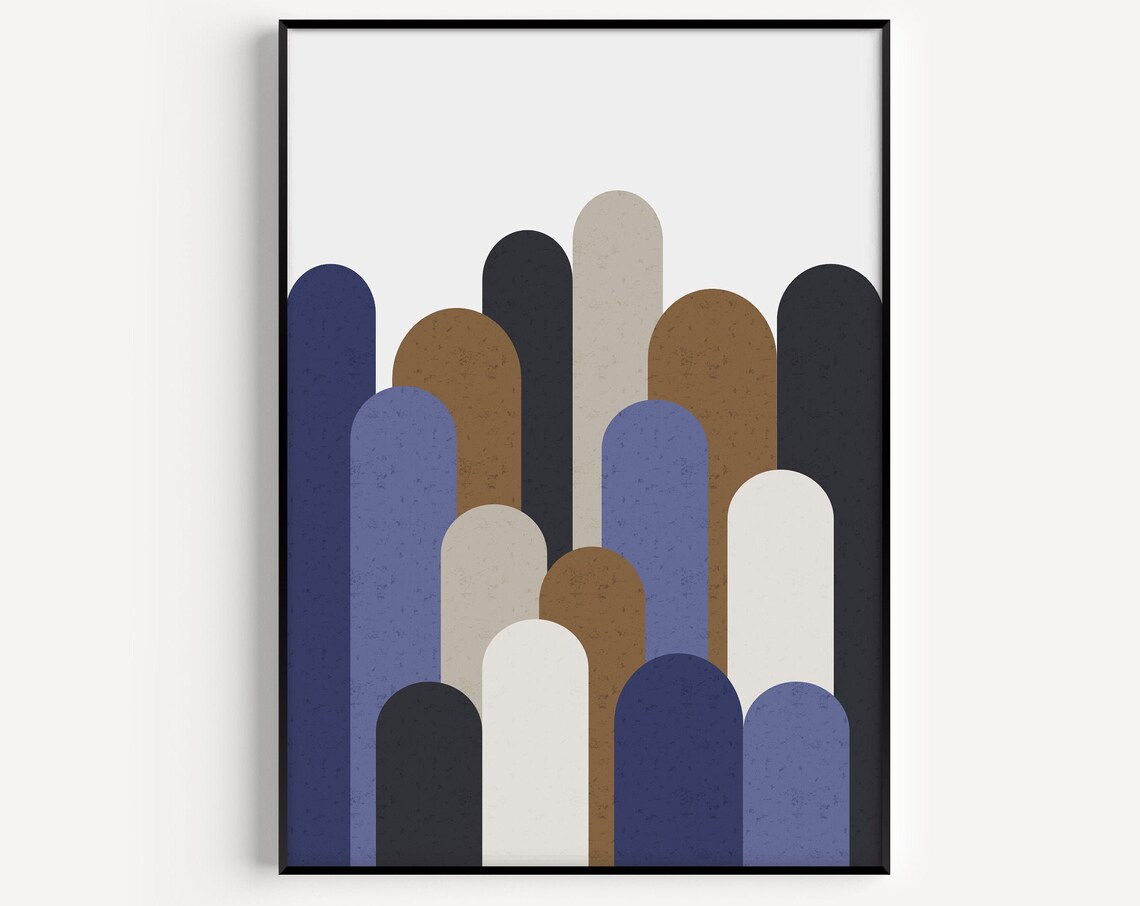 Mid Century Modern Blue Brown Arch Shapes Abstract Art Poster