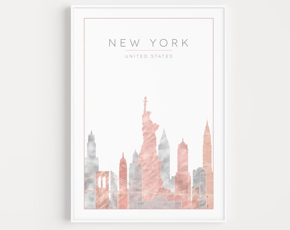 New York Minimalist Travel Poster, Pink Grey Prints