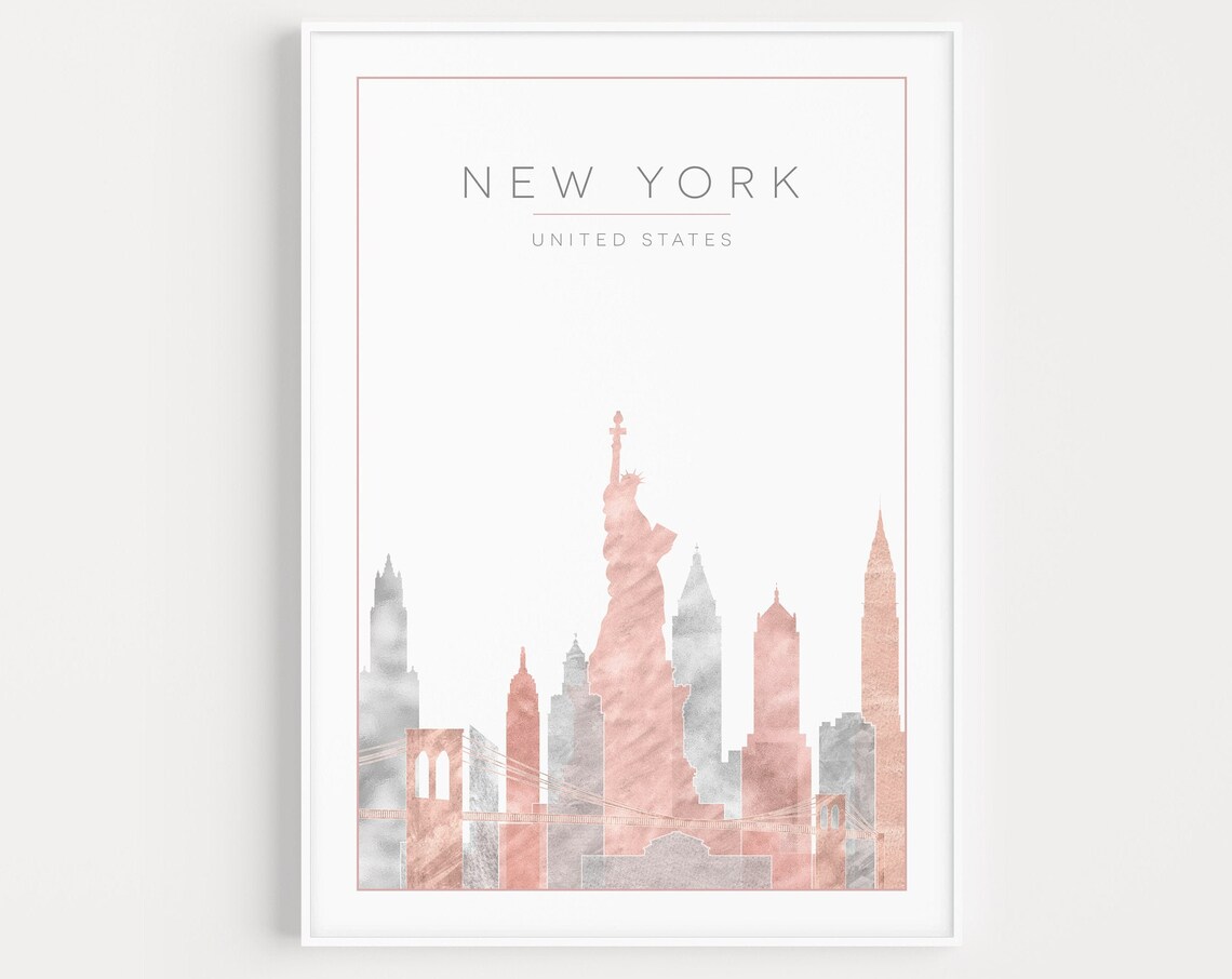 New York Minimalist Travel Poster, Pink Grey Prints