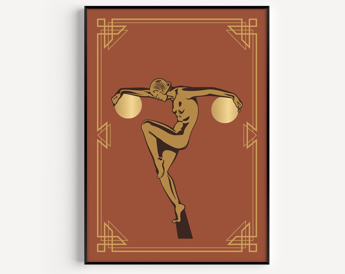 Art Deco Gold Dancer Orange Elegant Vintage Artwork Style Poster