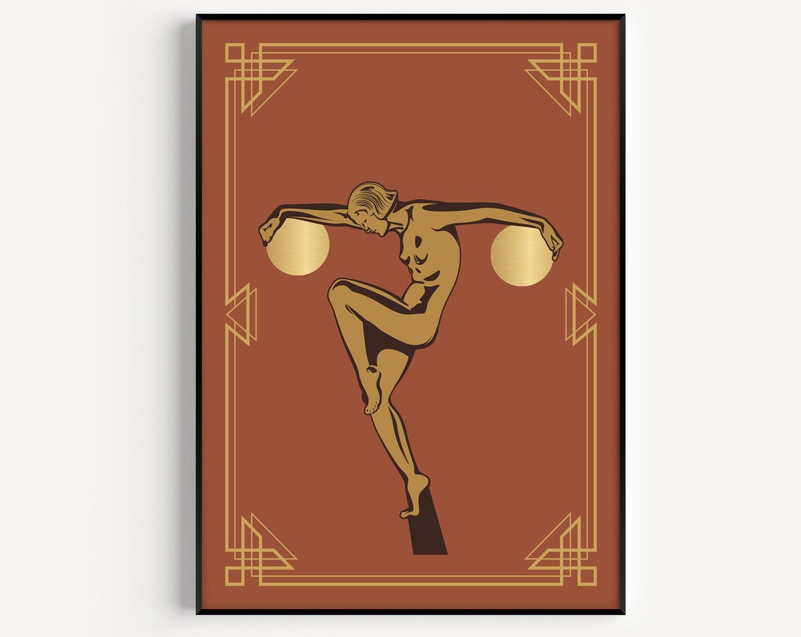Art Deco Wall Print Orange Woman Gold Prints