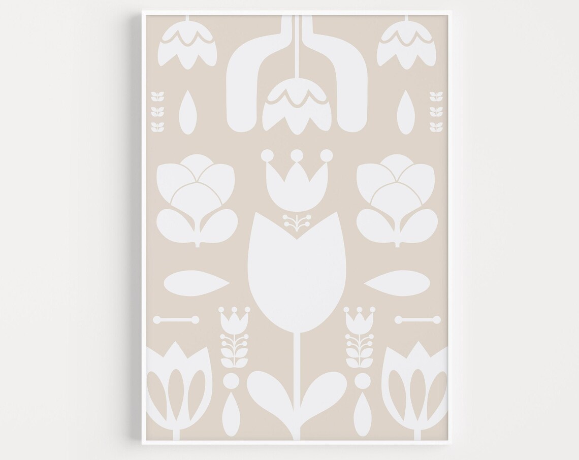 Scandinavian Folk Floral Pattern Beige Neutral Minimalist Wall Art