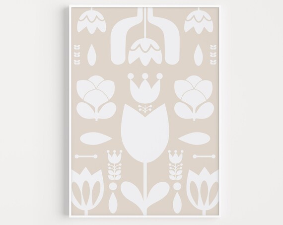 Scandinavian Folk Floral Pattern Beige Neutral Minimalist Wall Art