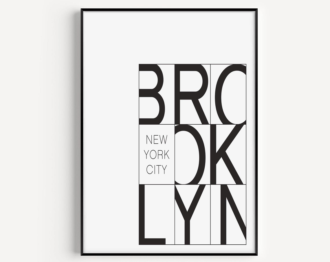Brooklyn New York City Typography Poster Black White Minimalist Art